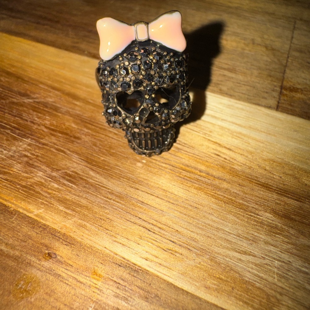 Betsey Johnson Black Skull Ring with Pink Bow